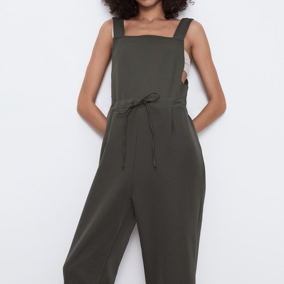 Zara Pants & Jumpsuits Zara Khaki Long Pleated Jumpsuit Poshmark